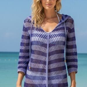 Tommy Bahama Women's Open Knit Hooded Coverup L Linen Blend Coastal Beach Resort